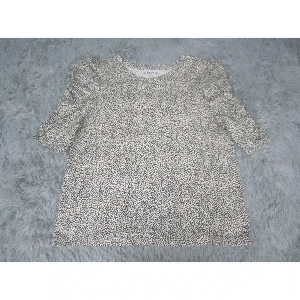 LOFT Shirt Womens Large White Animal Print Puff Sleeve Jersey Top Crew Neck‎